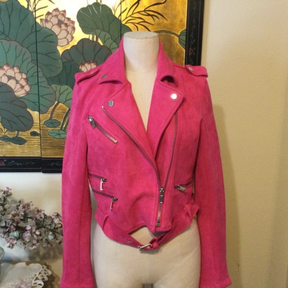 Stradivarius Aviator Jacket Faux Suede HOT PINK Size M Preowned - Picture 5 of 5